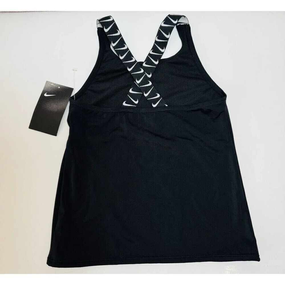 Nike Logo Tape Black Cross Back Tankini Swim Top Size  SMALL Girls